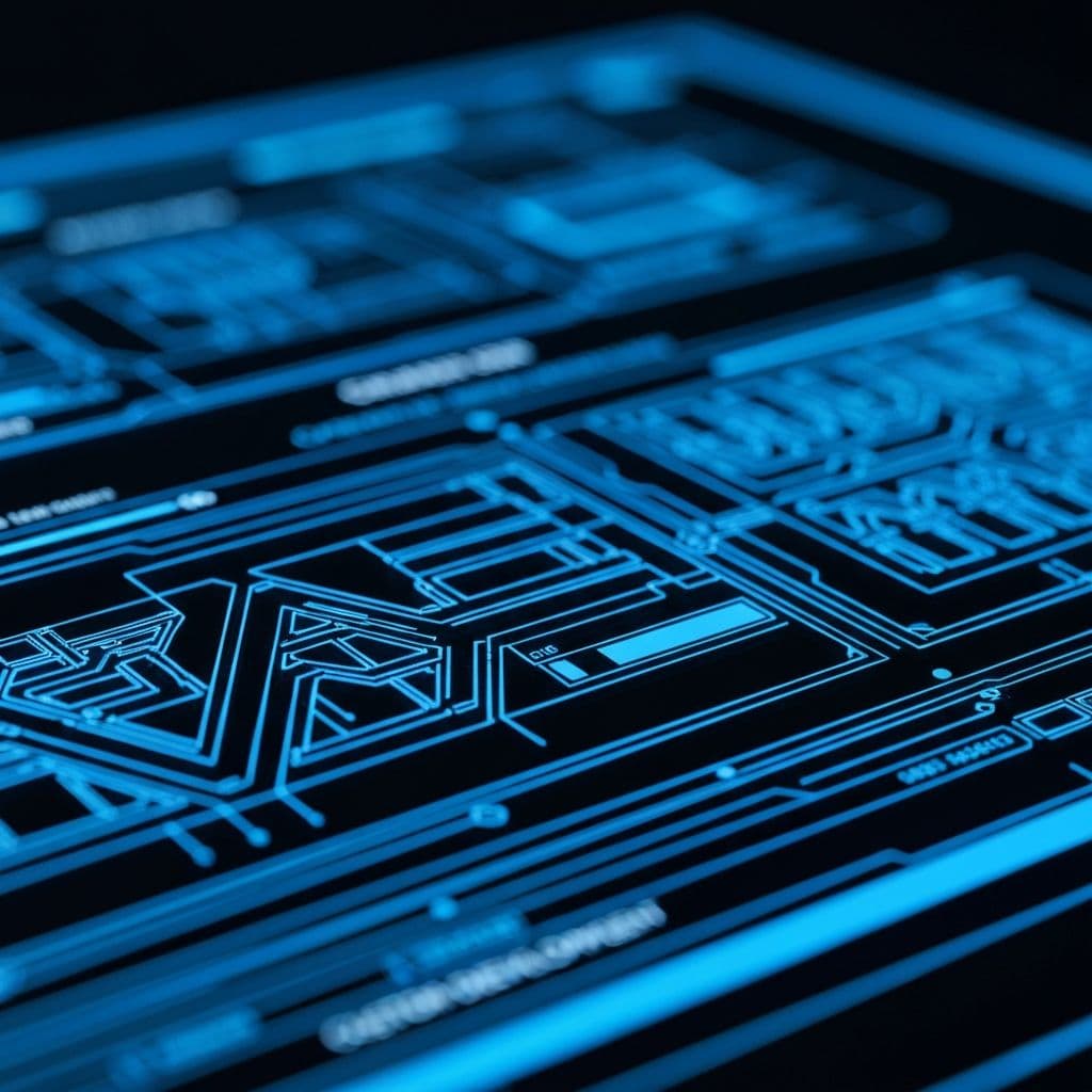 Close-up of a high-tech glass interface with glowing architectural lines, representing bespoke construction