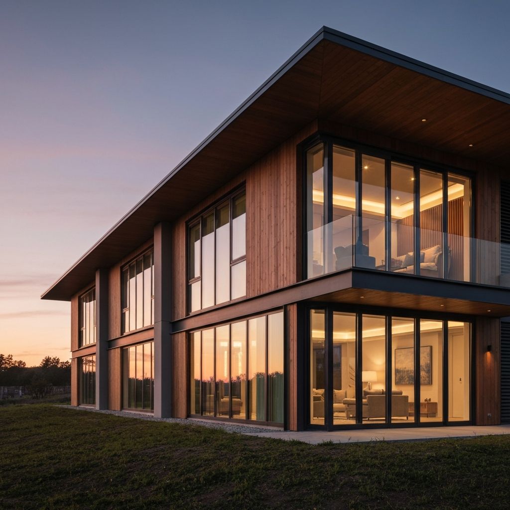 Modern Swiss glass-walled corporate office with Lake Zurich and Alps in the background, representing Swiss quality and discretion